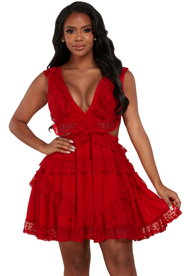Vibrant Ruffle Romance Poppy Red Lace Mini Dress