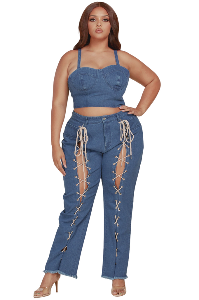 Plus Size Sexy Bustier Lace-Up Denim Pants Set