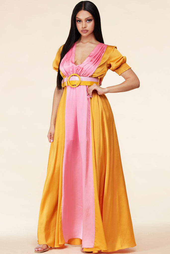Mustard Light Pink Color Block Maxi Dress