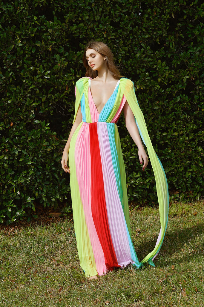Pastel Rainbow Cape Pleated Maxi Dress