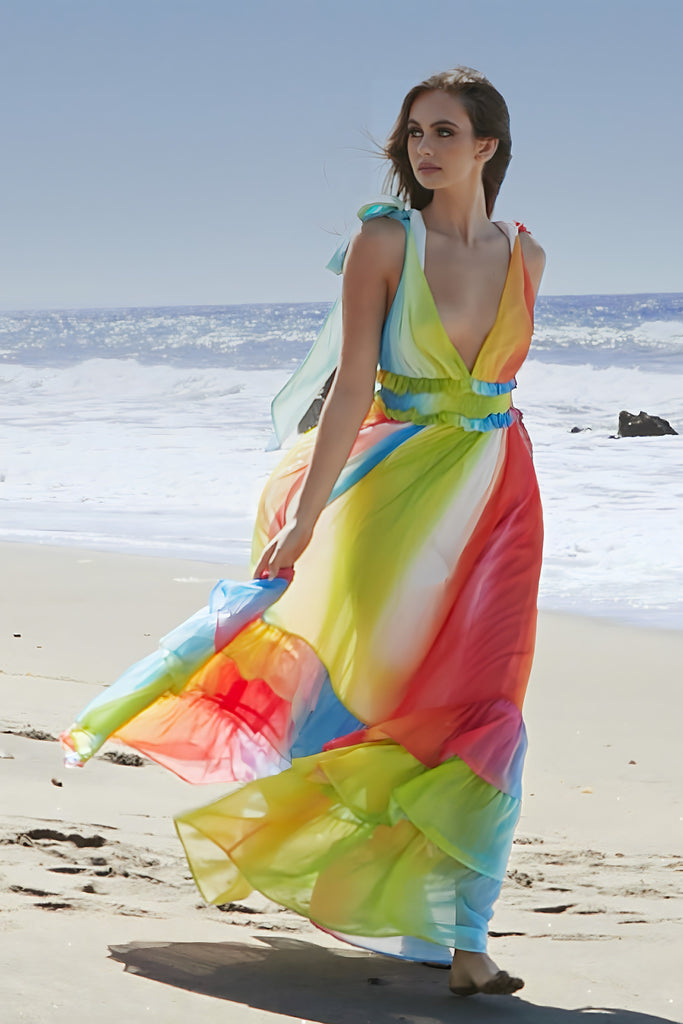 Gradient Rainbow Smocked Maxi Dress