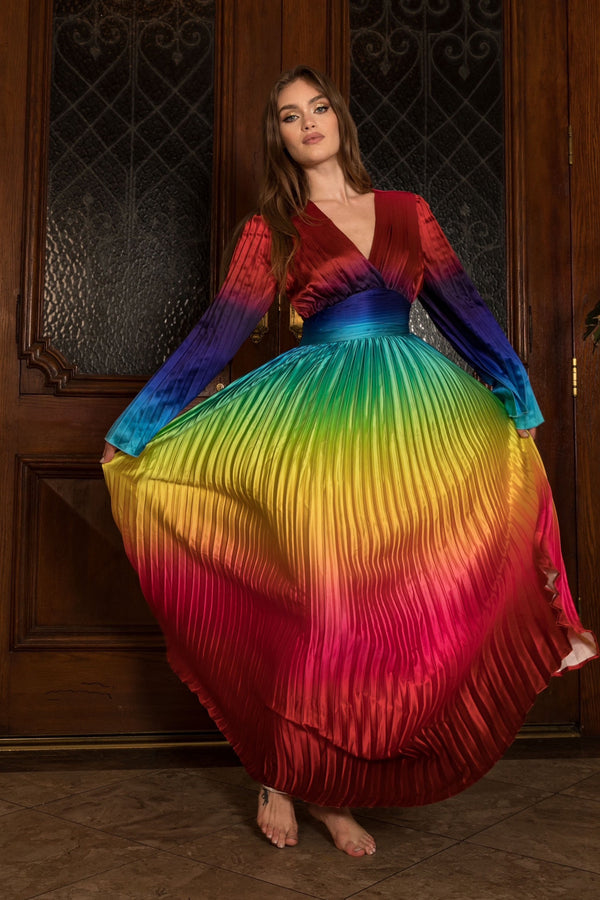 Rainbow Ombre Satin Pleated Crochet Maxi Dress