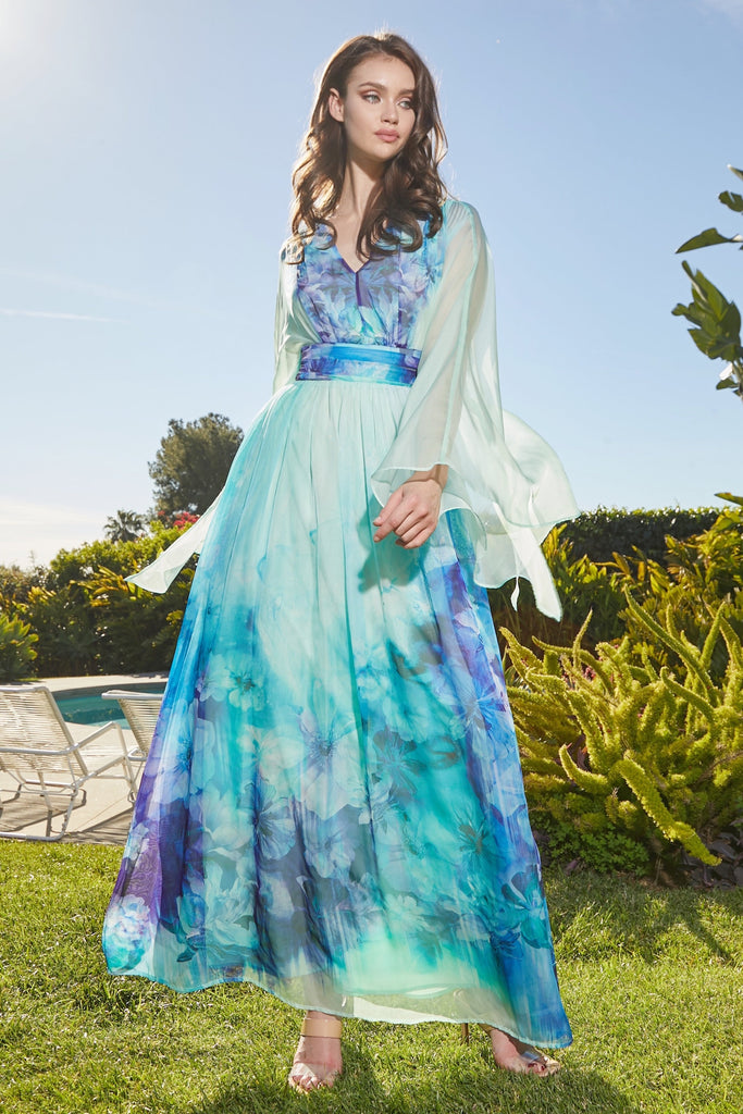Azure Serenity Maxi V-Neck Dress Enveloped in Watercolor Whispers and Ethereal Elegance