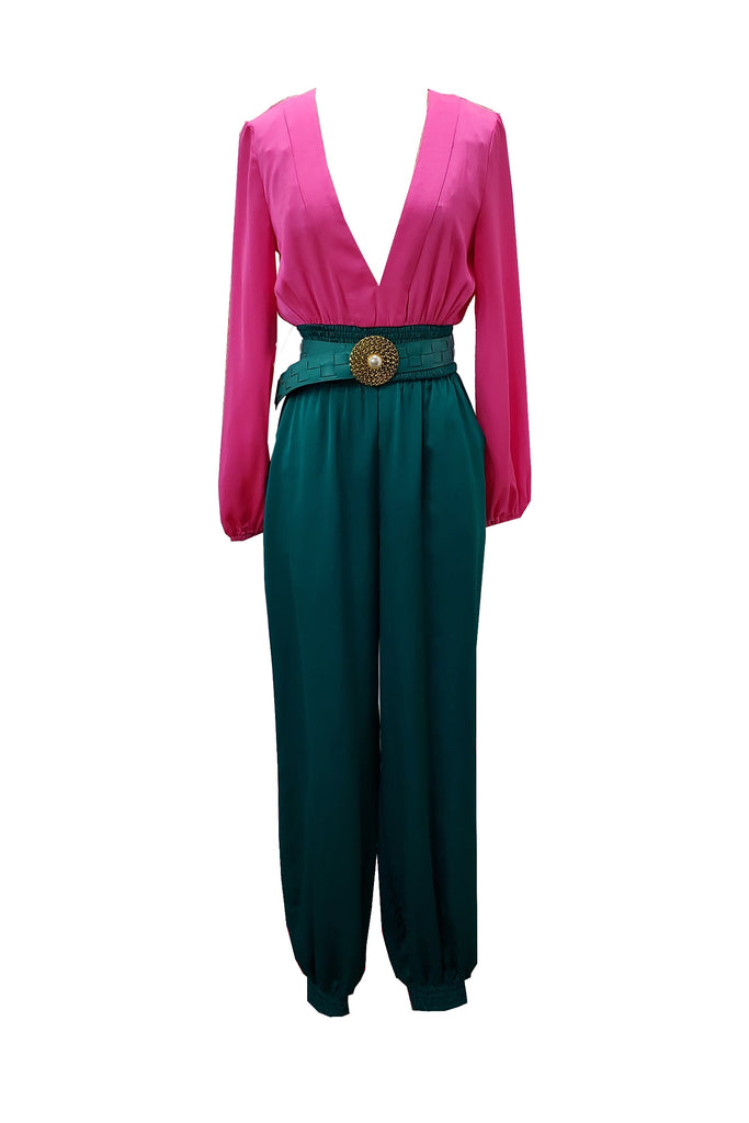 Pink Teal Blue Metallic Embossed Belt Jumpsuit