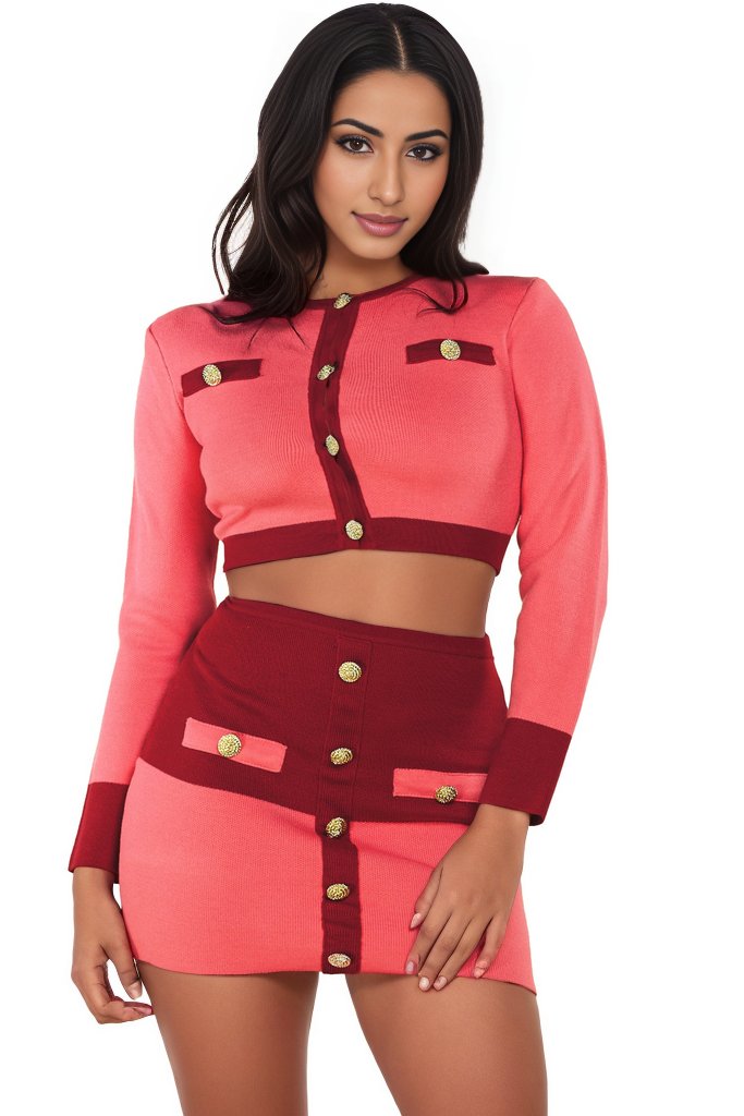 Two-Tone Pink Knit Cardigan and Mini Skirt Set