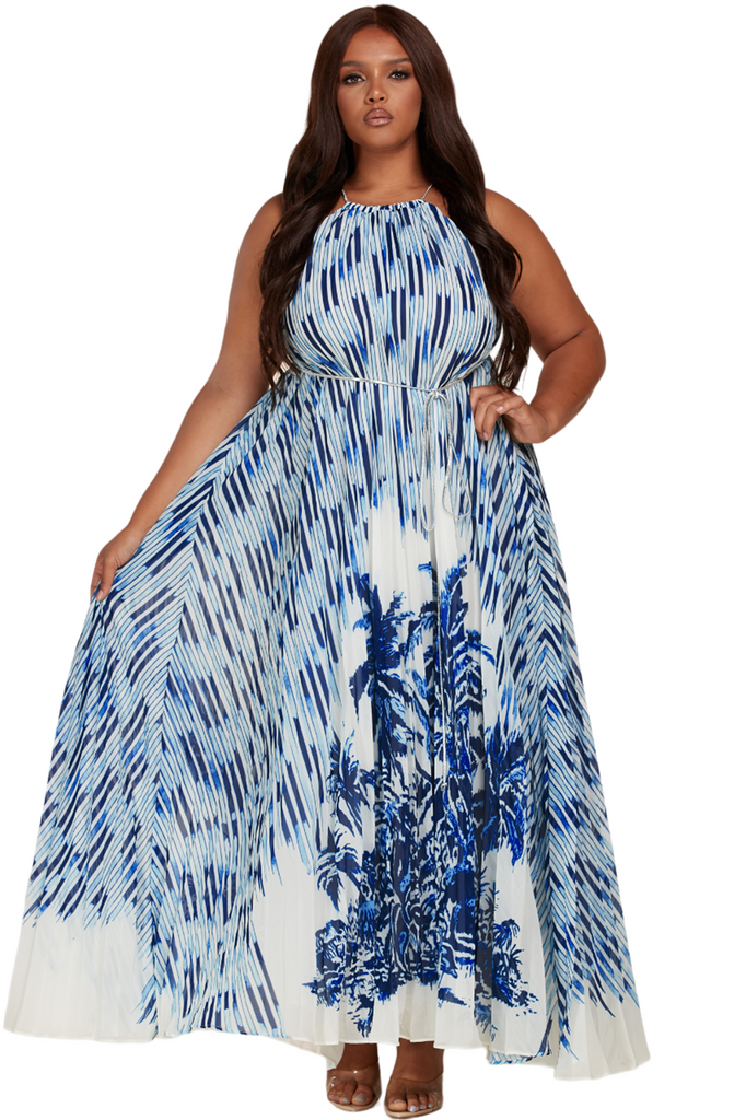 Blue Sleeveless Crossback Plus Size Maxi Dress